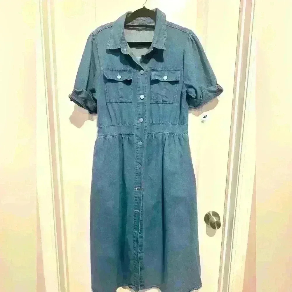 Denim Casual Lapel Button Down Front Maxi Shirt Short Sleeve Dress - Picture 3 of 7